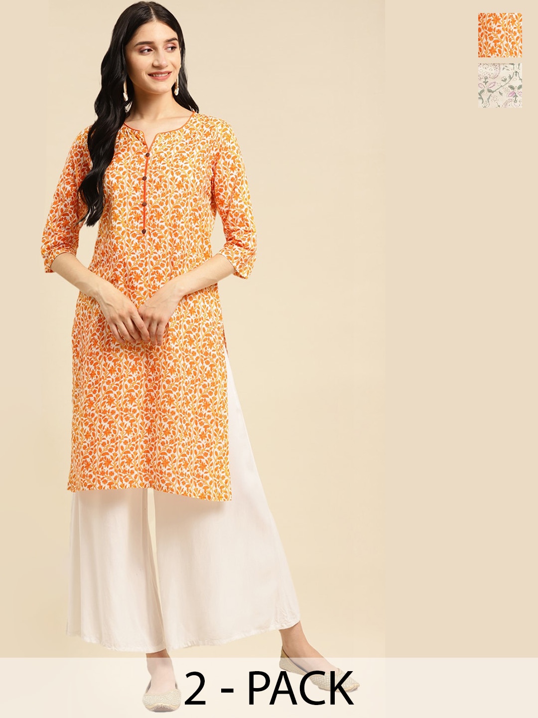 

Rangita Pack of 2 Floral Printed Round Neck Straight Kurtas, Orange