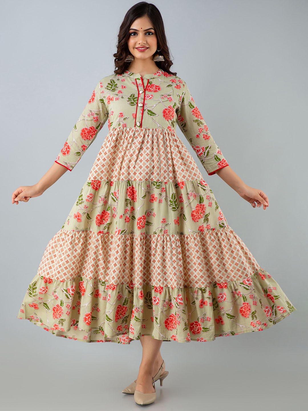 

BAESD Floral Mandarin Collar Anarkali Kurta, Beige