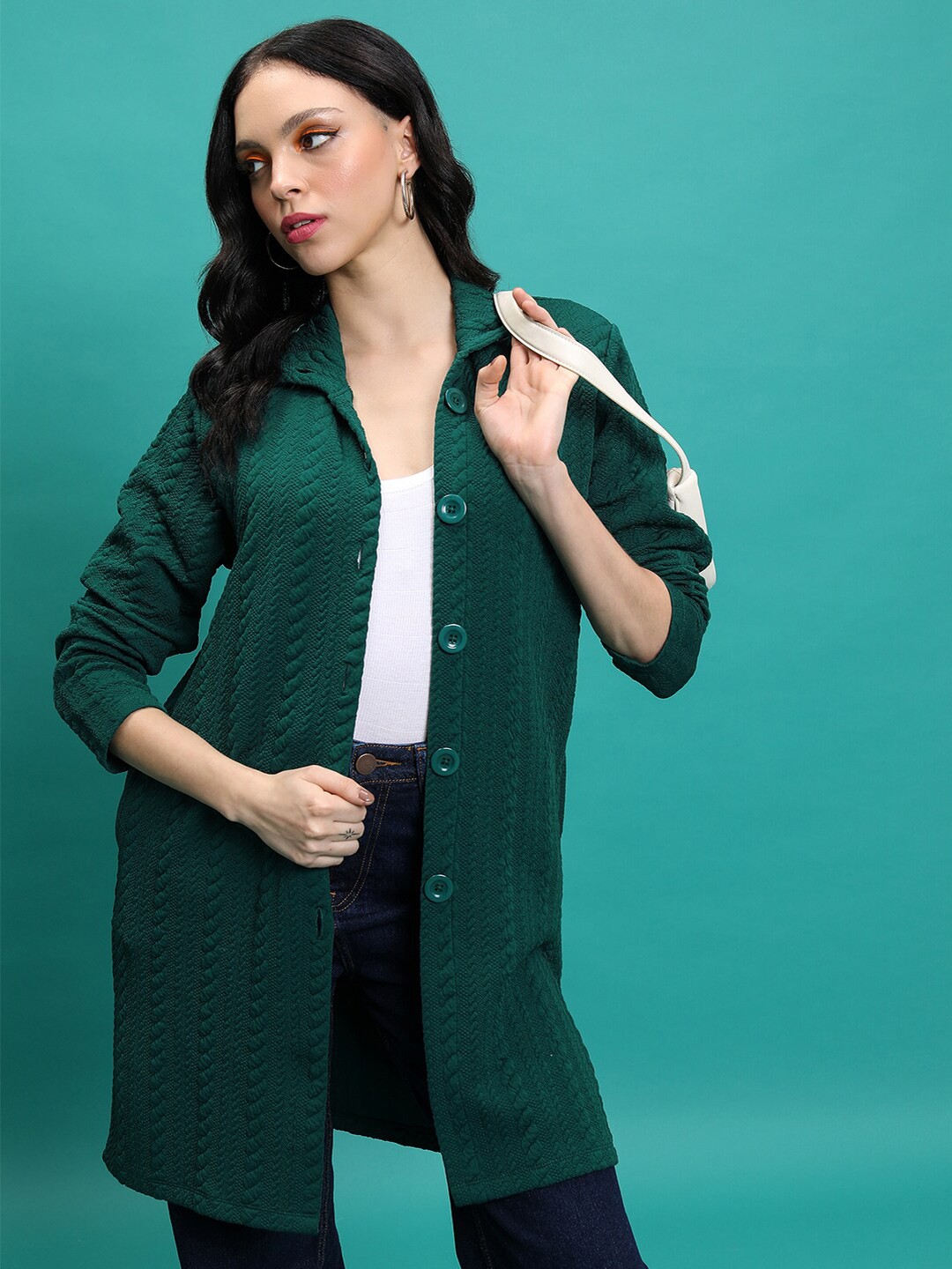 

Tokyo Talkies Green Cable Knit Self Design Spread Collar Longline Cardigan