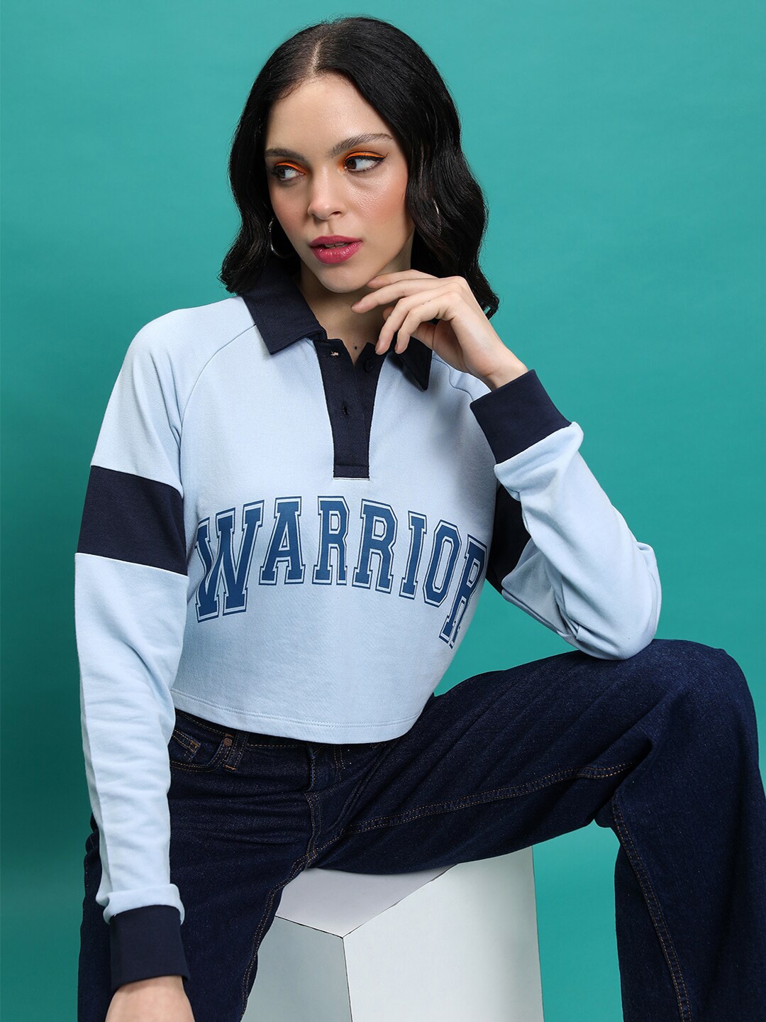 

Tokyo Talkies Blue & Navy Blue Typography Printed Polo Collar Relaxed Fit Crop T-shirt