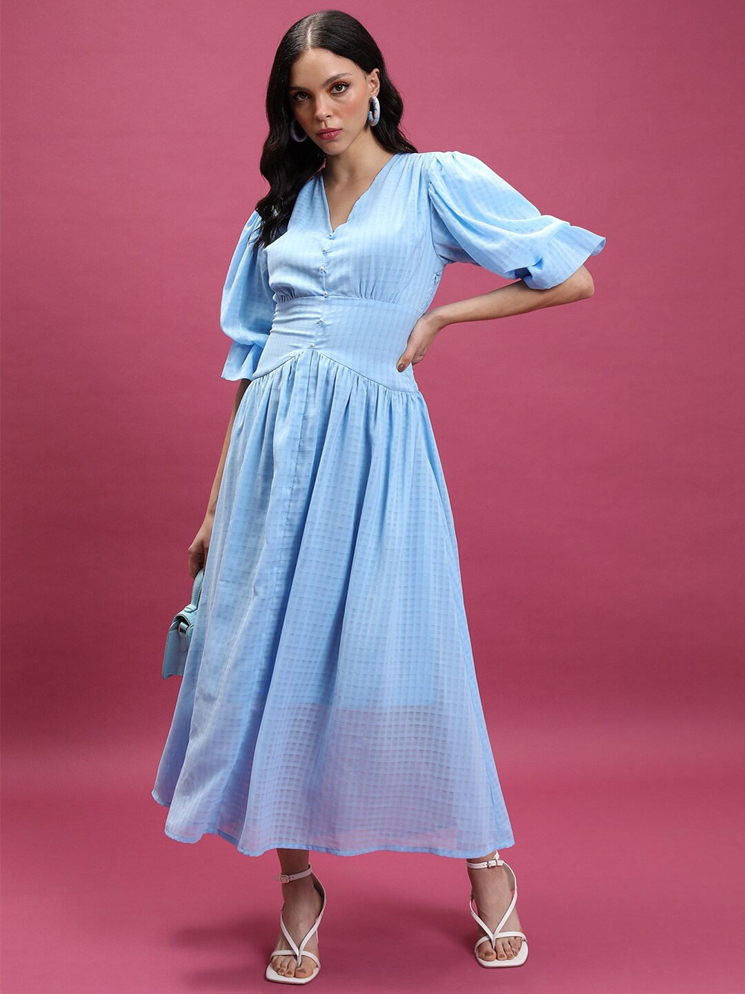 

Tokyo Talkies Blue Checked V-Neck Puff Sleeve Maxi Dress