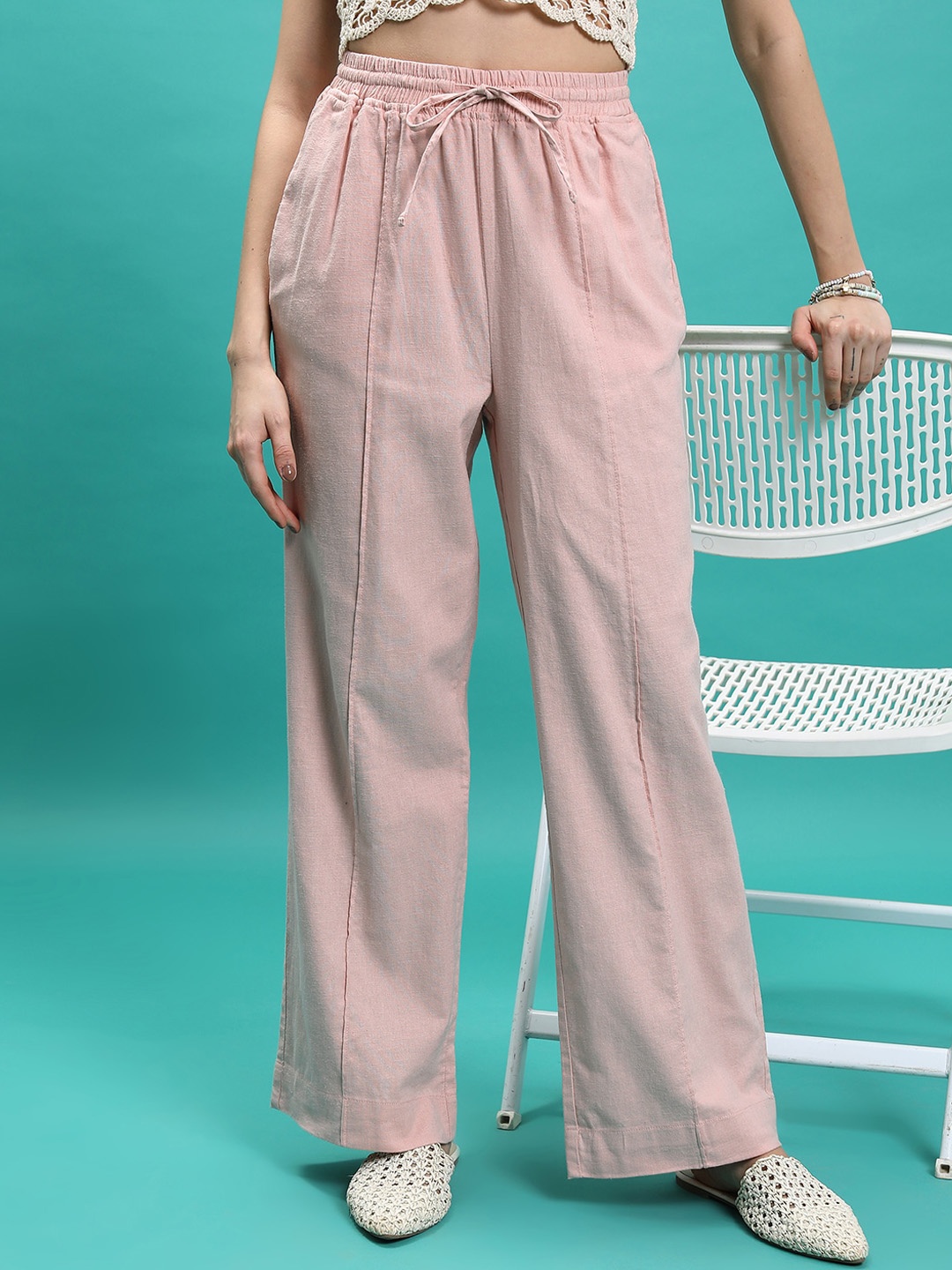 

Tokyo Talkies Women Pink Flared Cotton Linen Trousers