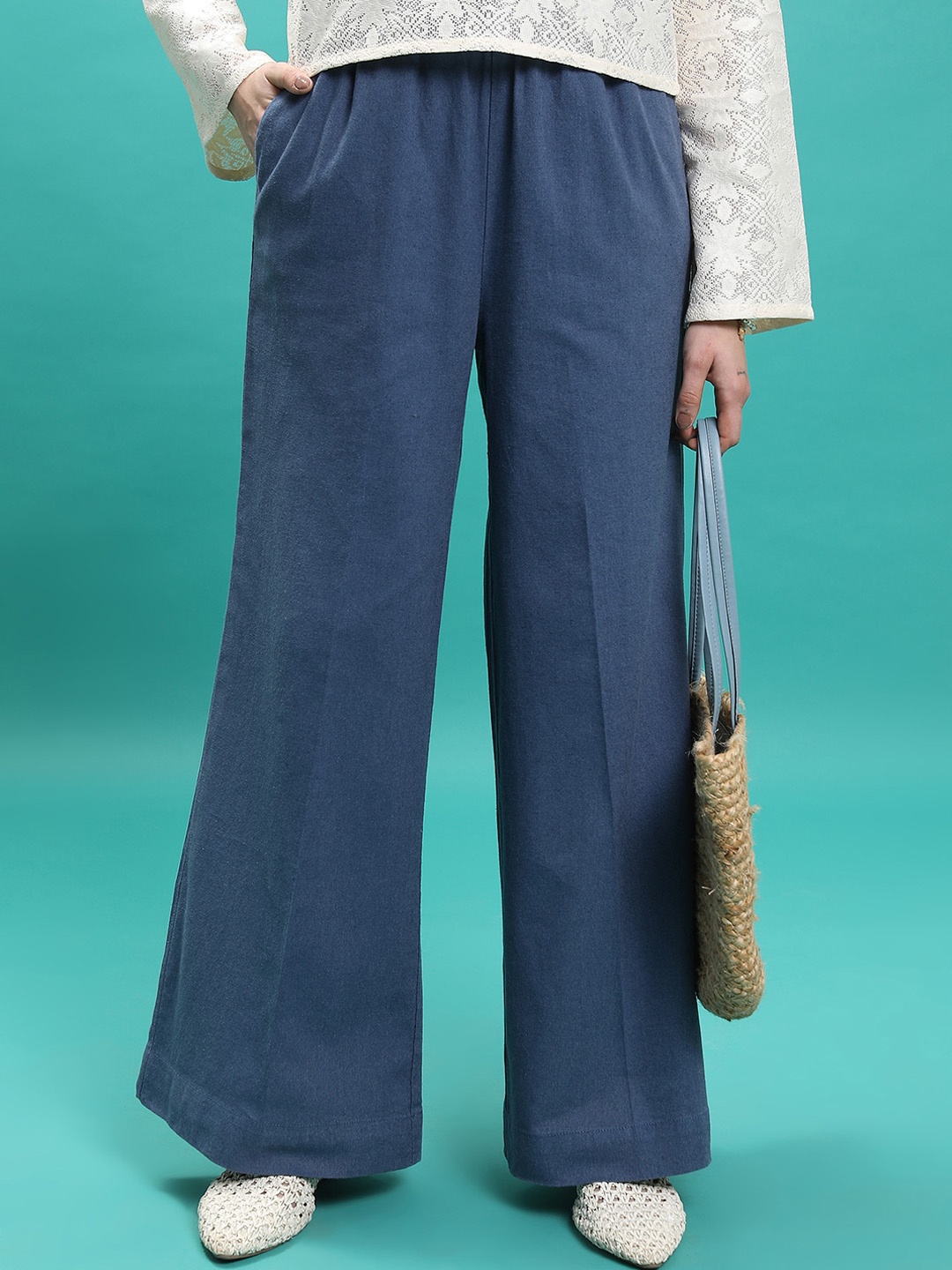 

Tokyo Talkies Women Blue Flared Cotton Linen Parallel Trousers