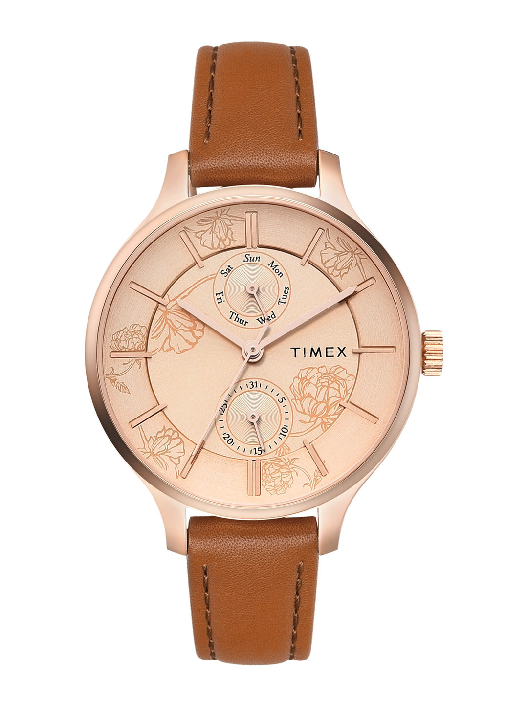 

Timex Women Brass Dial Leather Straps Round Analogue Watch TWEL14823, Rose gold