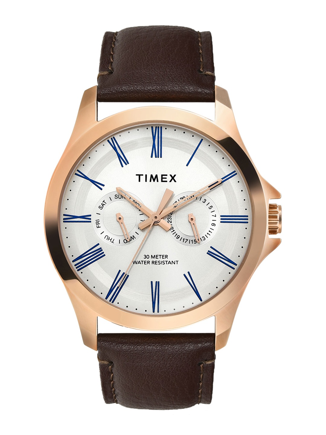 

Timex Men Brass Dial Leather Straps Round Analogue Watch TW000X128, Silver