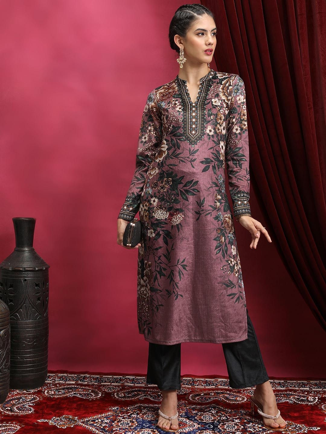 

Vishudh Floral Printed Mandarin Collar A Line Kurta, Taupe