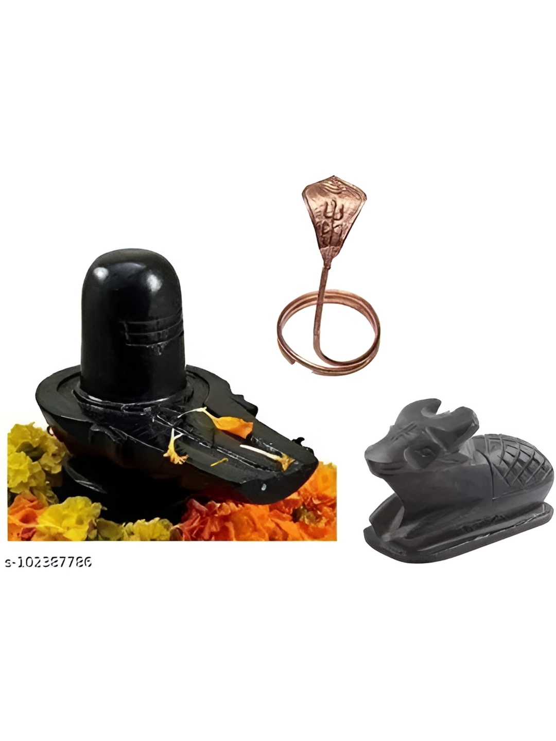 

Navyaksh Black 3 Pieces Shivling And Nandi With Copper Naag For Poojaidol Showpiece