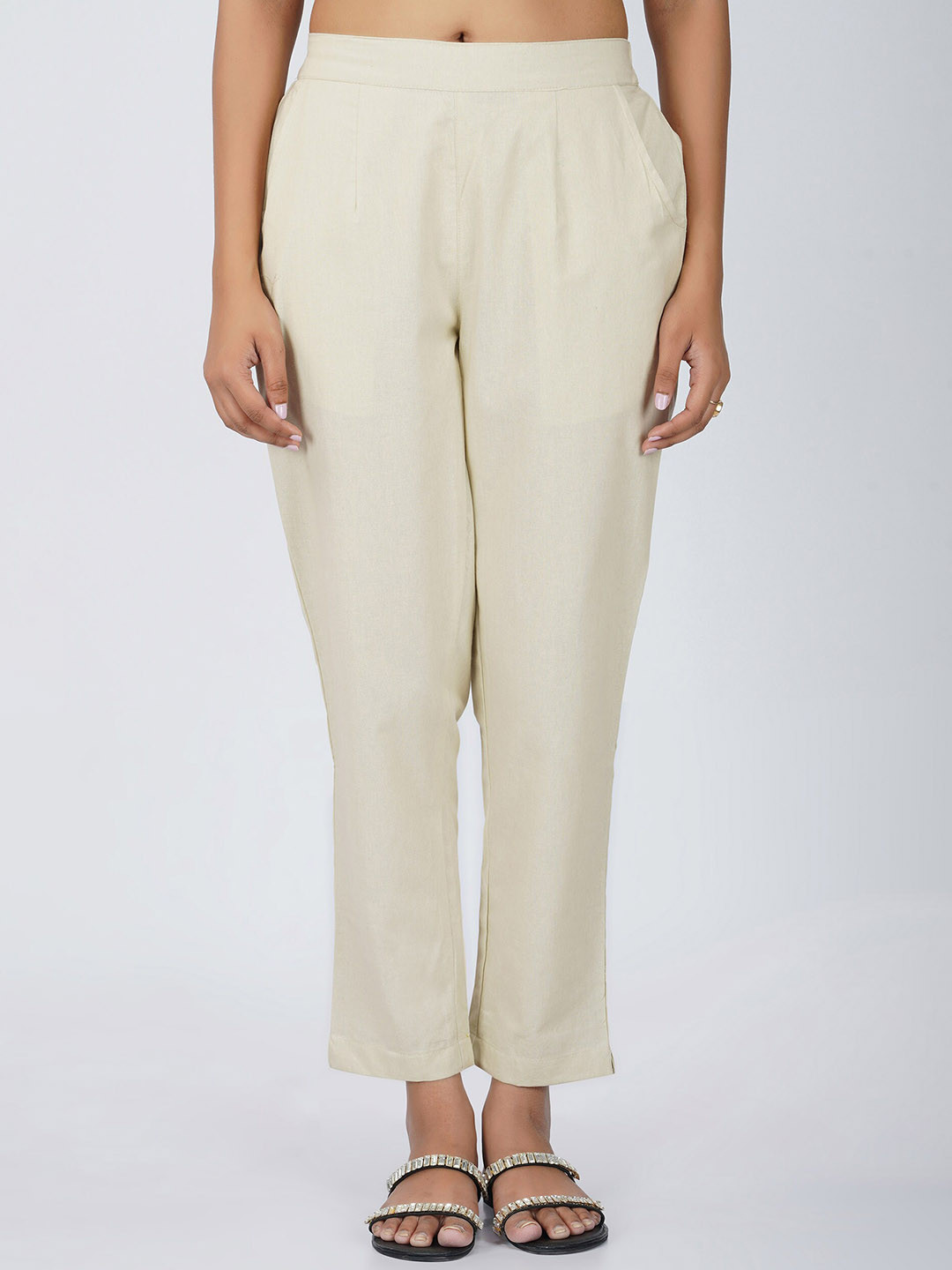 

SPARSA Women Mid-Rise Easy Wash Pure Cotton Pleated Trousers, Beige