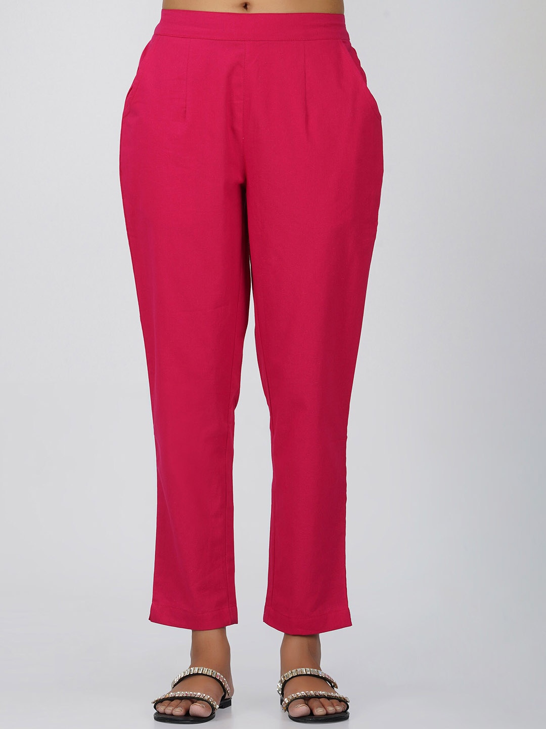 

SPARSA Women Mid-Rise Easy Wash Pure Cotton Pleated Trousers, Pink