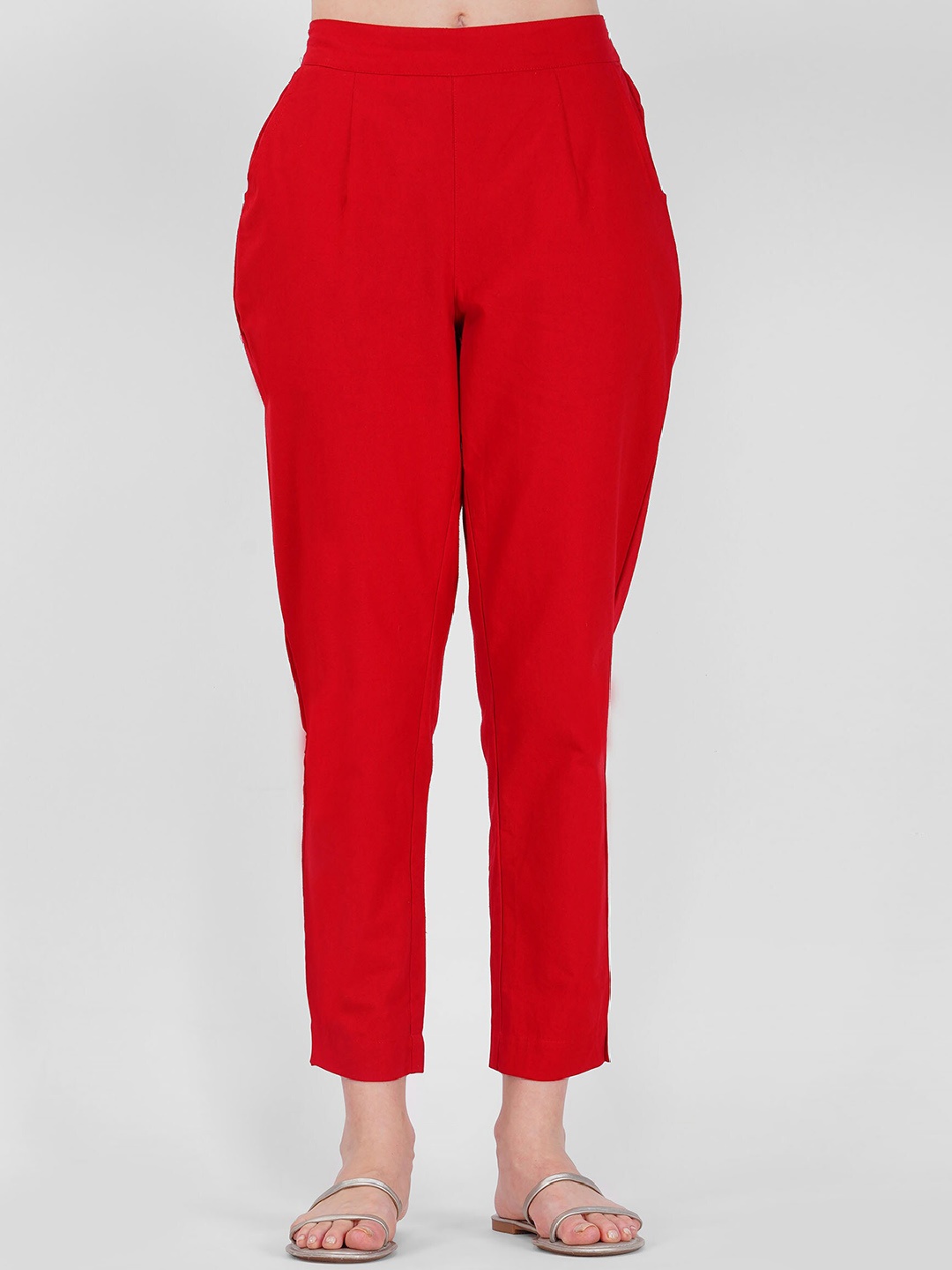 

SPARSA Women Mid-Rise Easy Wash Pure Cotton Pleated Trousers, Red