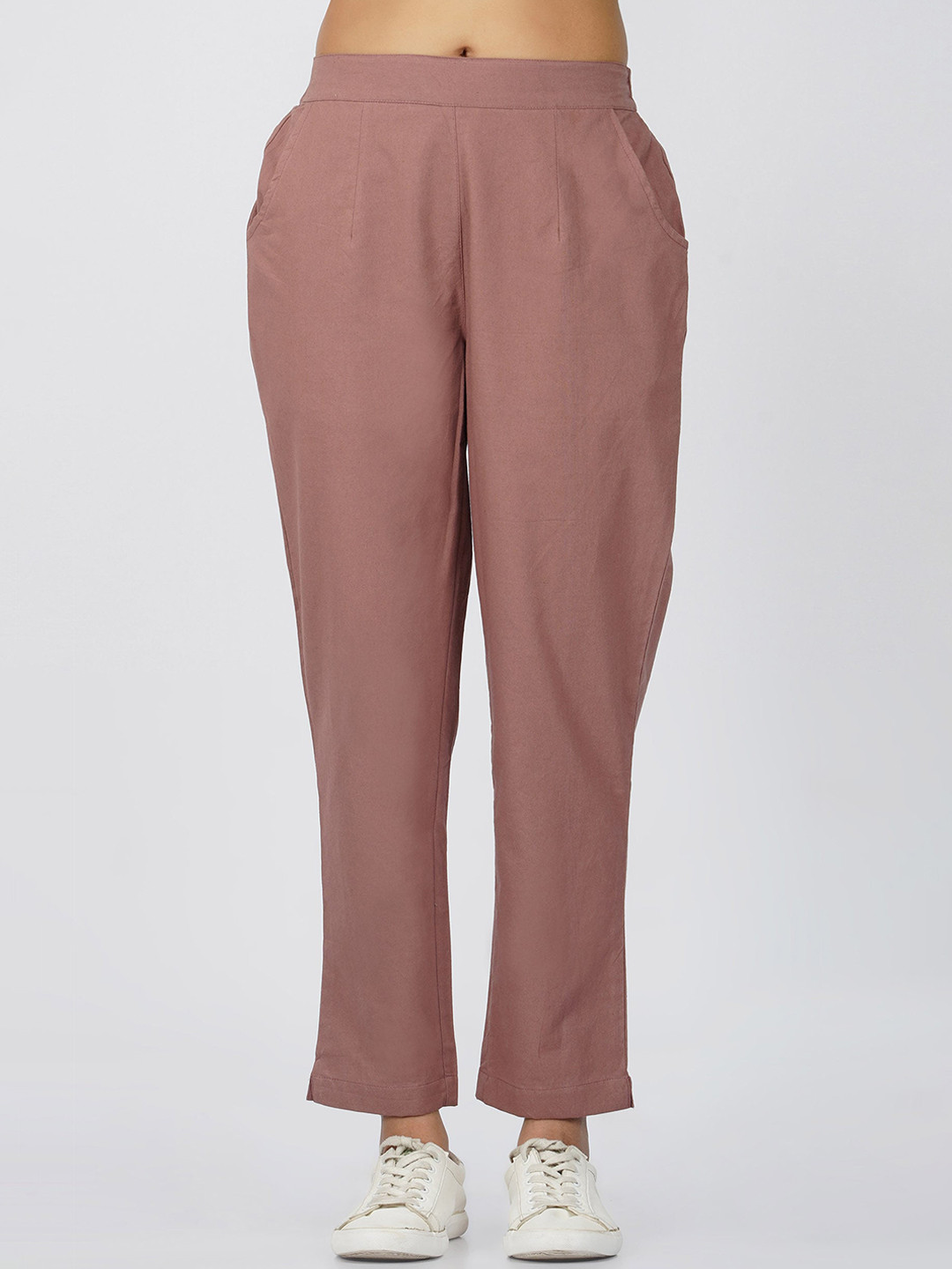

SPARSA Women Mid-Rise Pure Cotton Easy Wash Pleated Regular Trousers, Mauve