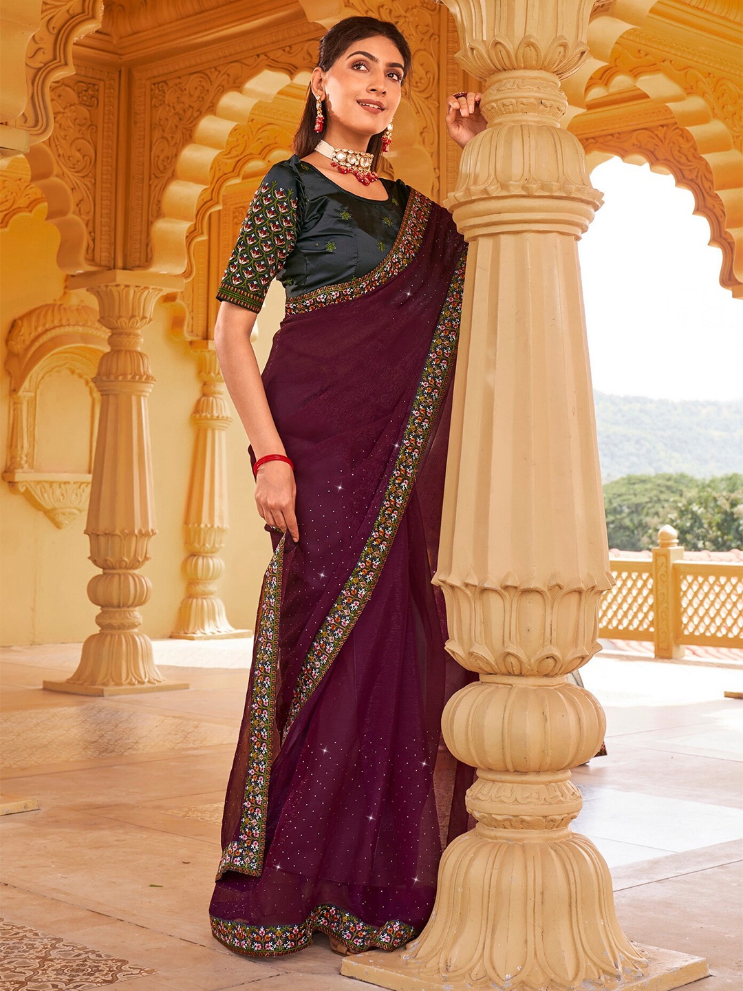 

Mitera Embellished Pure Chiffon Embroidered Designer Saree, Purple