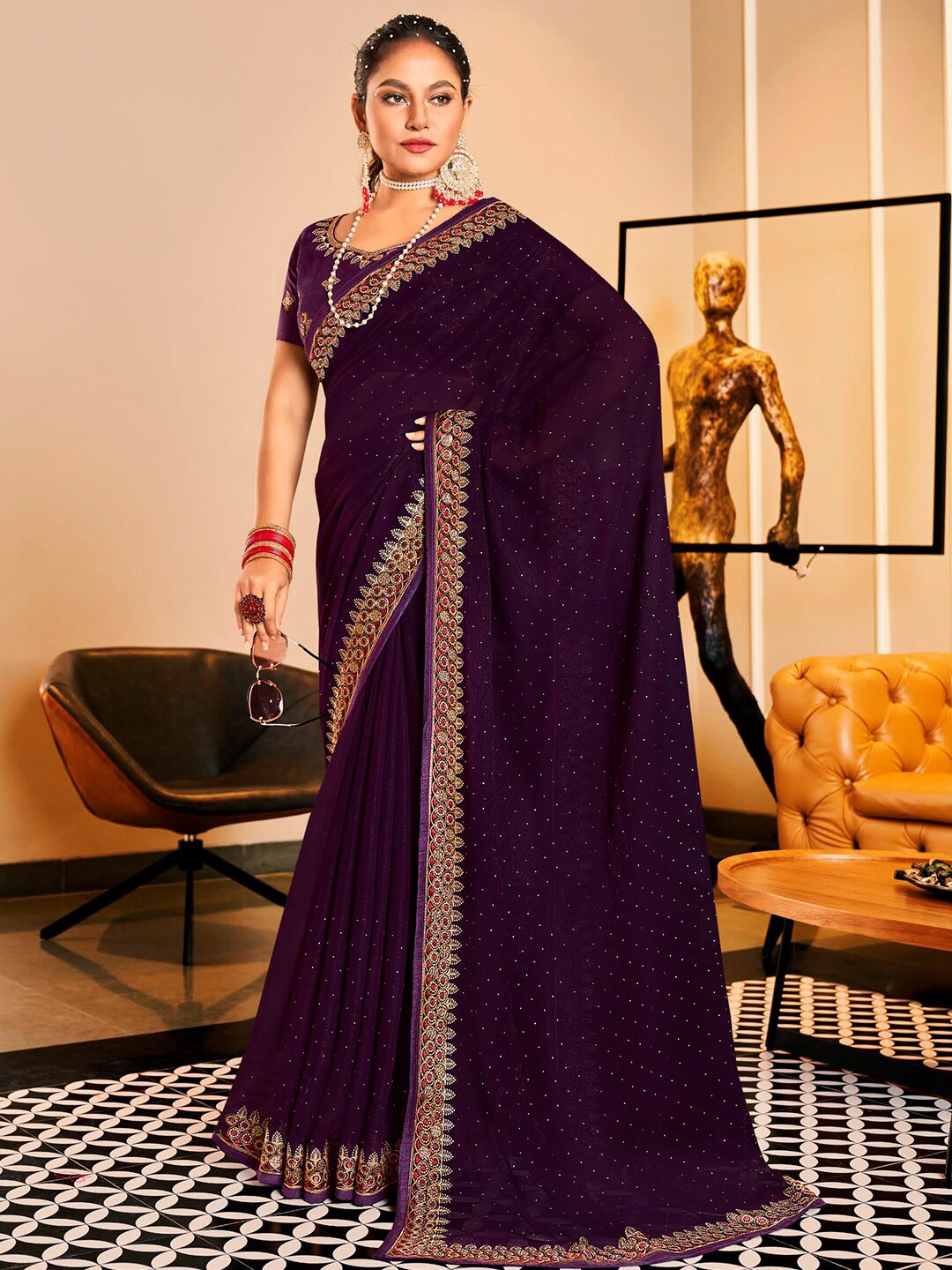 

Mitera Purple Embellished Pure Chiffon Embroidered Designer Saree