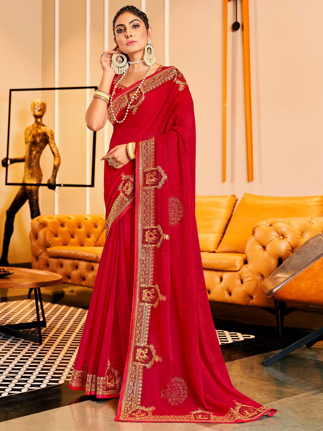 

Mitera Red Embellished Pure Chiffon Embroidered Designer Saree