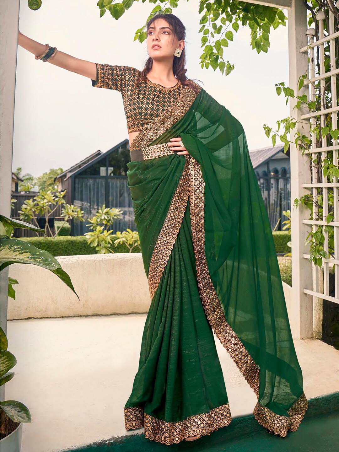 

Mitera Embellished Pure Chiffon Embroidered Designer Saree, Green