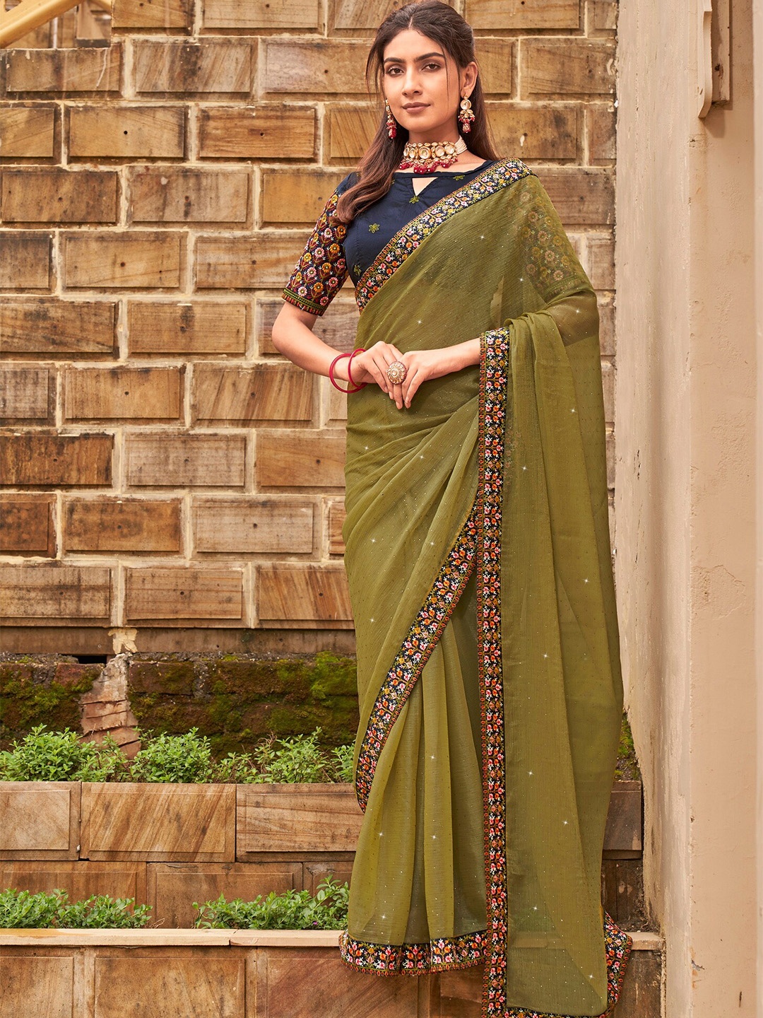 

Mitera Embellished Pure Chiffon Embroidered Designer Saree, Olive