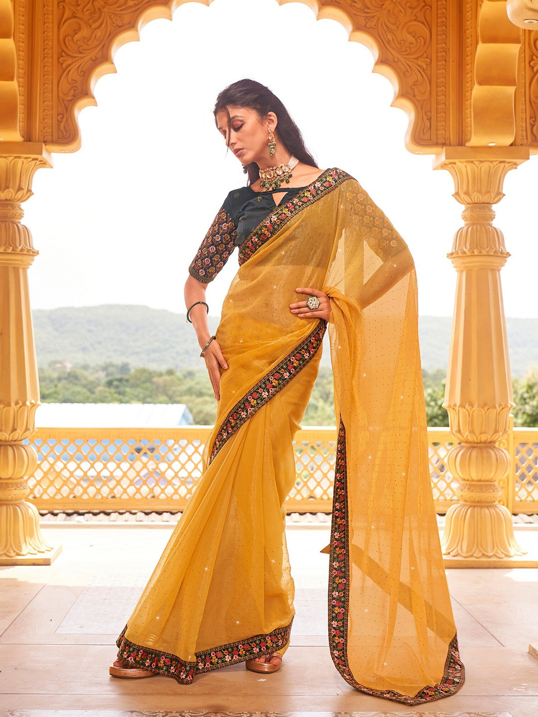 

Mitera Embellished Pure Chiffon Embroidered Designer Saree, Yellow