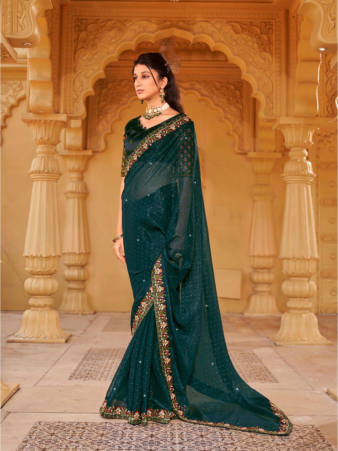 

Mitera Embellished Pure Chiffon Embroidered Designer Saree, Green