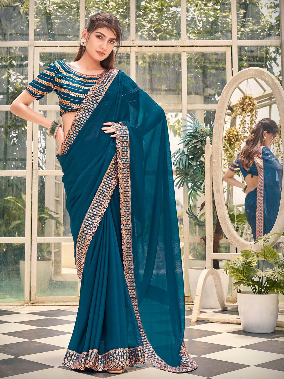 

Mitera Embellished Pure Chiffon Embroidered Designer Saree, Teal