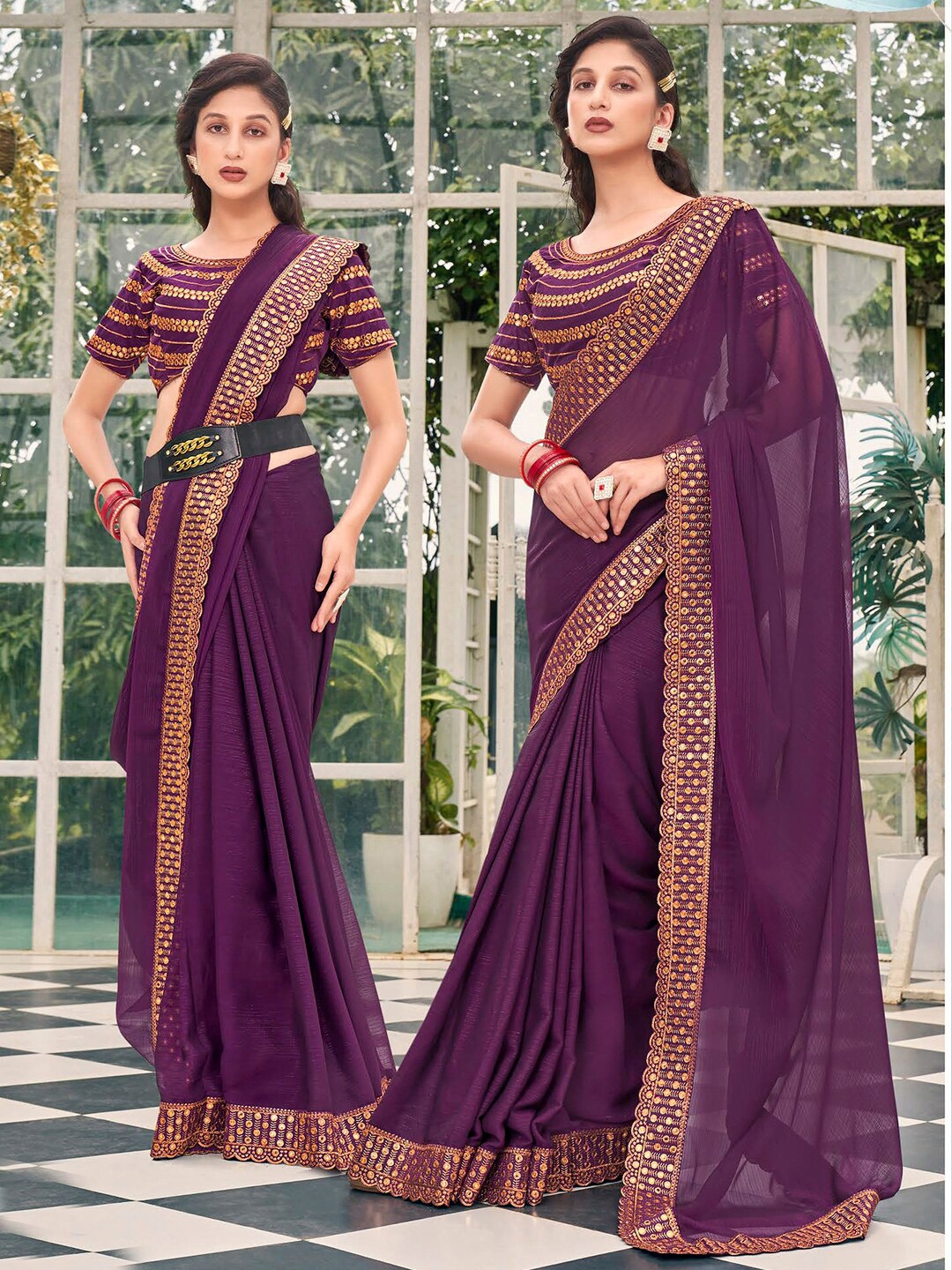 

Mitera Purple & Gold Toned Embellished Pure Chiffon Embroidered Designer Saree