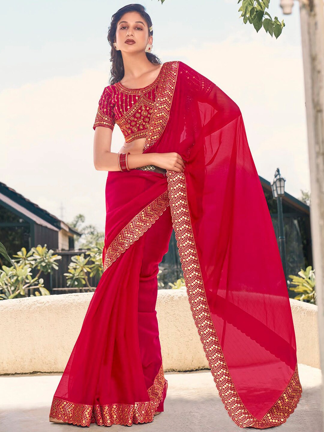 

Mitera Embellished Pure Chiffon Embroidered Designer Saree, Red