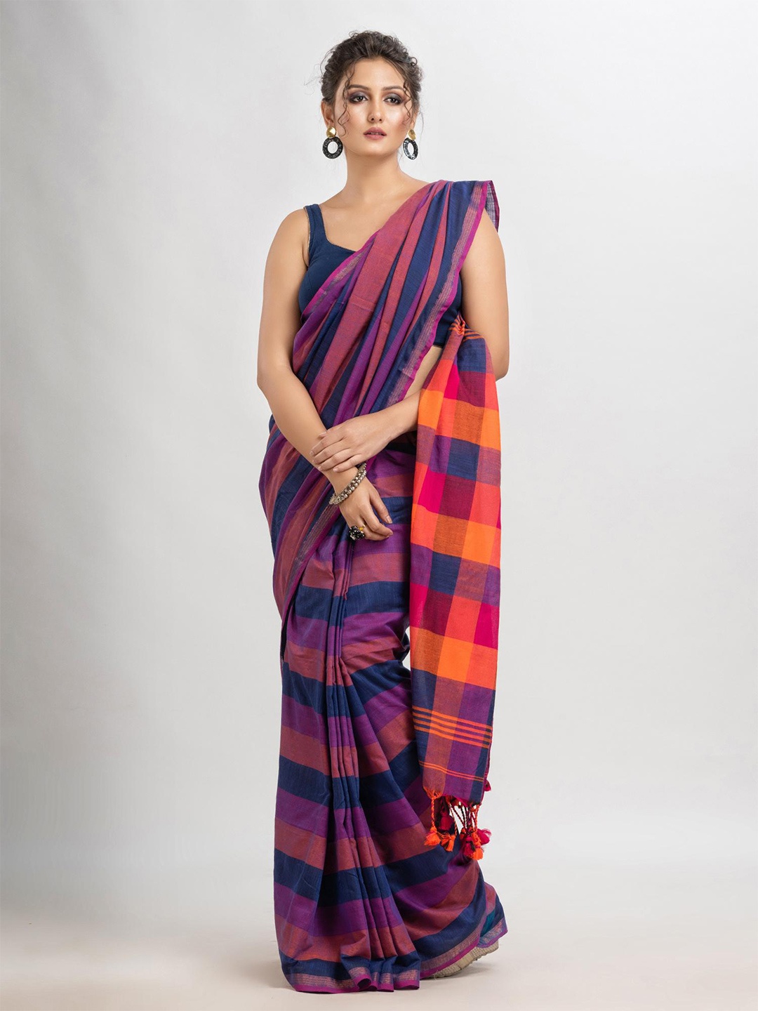 

Angoshobha Striped Pure Cotton Saree, Blue