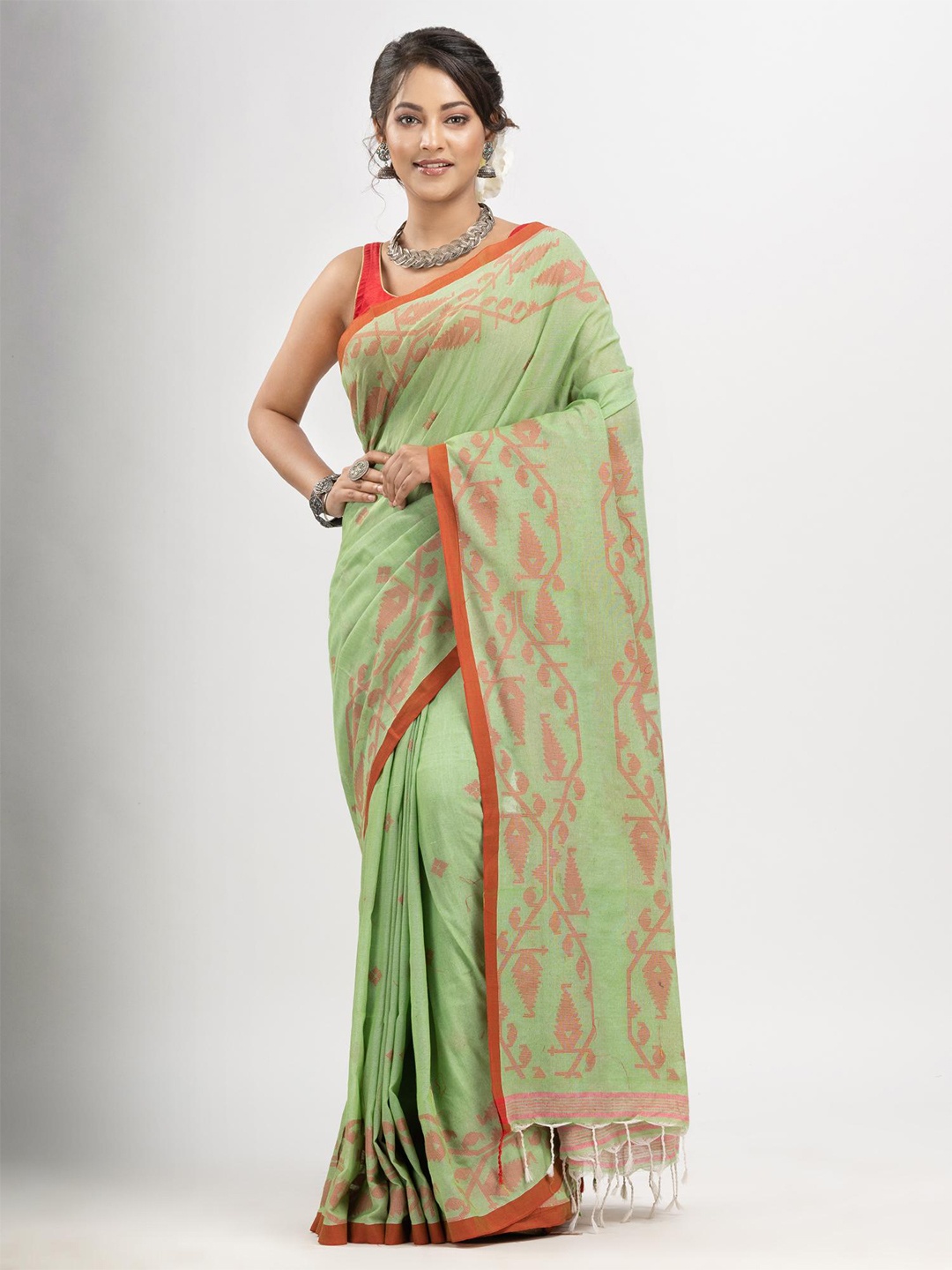 

Angoshobha Ethnic Motifs Woven Design Pure Cotton Saree, Green