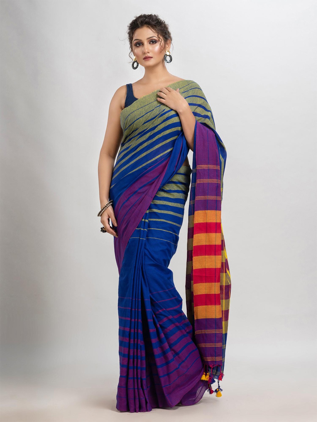 

Angoshobha Woven Design Striped Saree, Blue