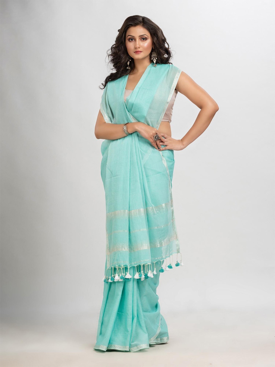 

Angoshobha Zari Pure Cotton Saree, Turquoise blue