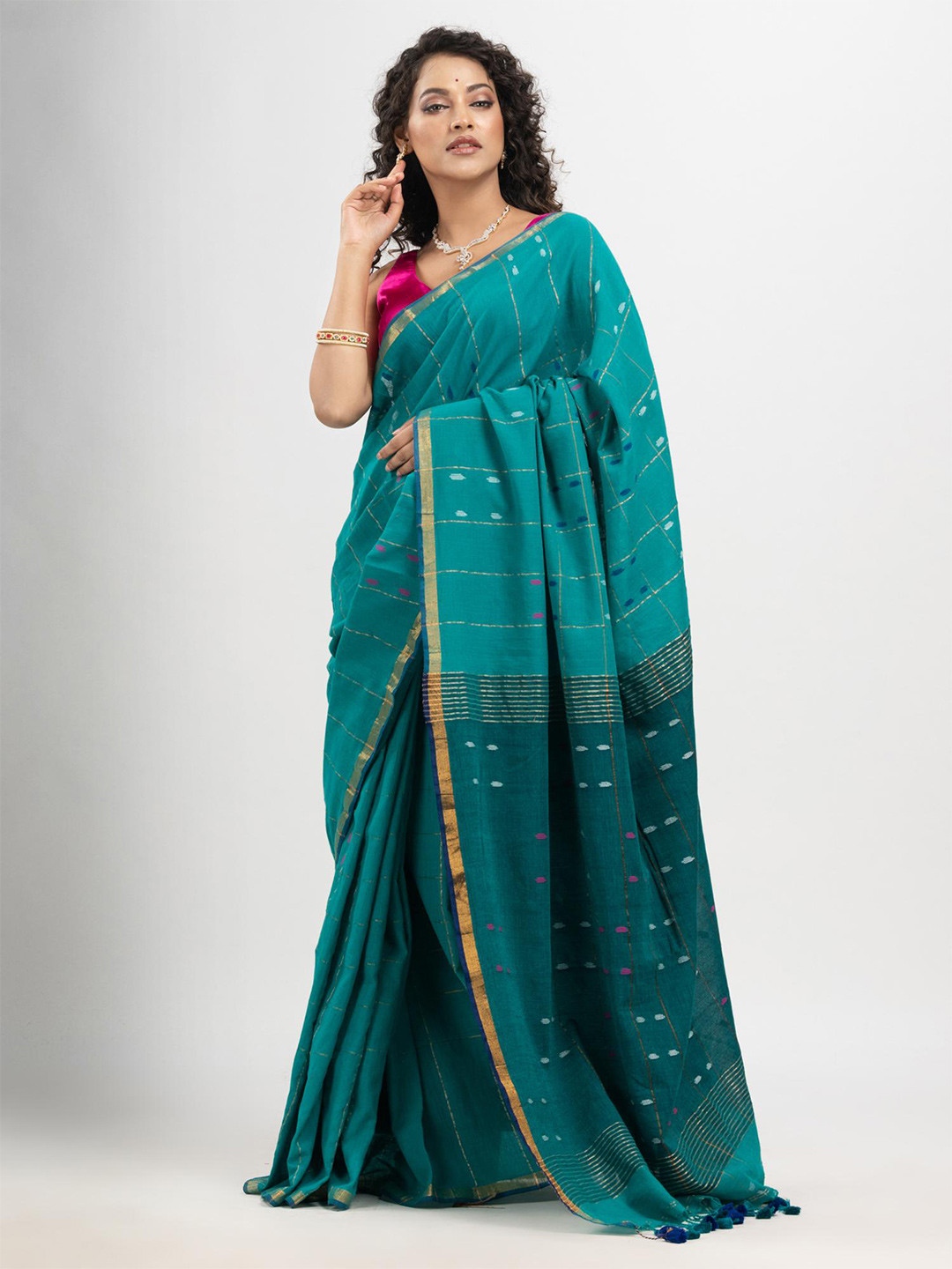 

Angoshobha Woven Design Striped Pure Cotton Saree, Blue