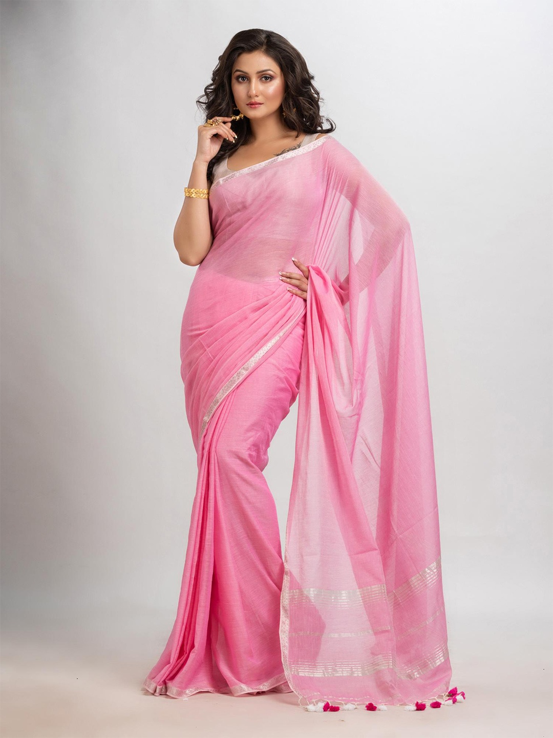 

Angoshobha Zari Pure Cotton Saree, Pink