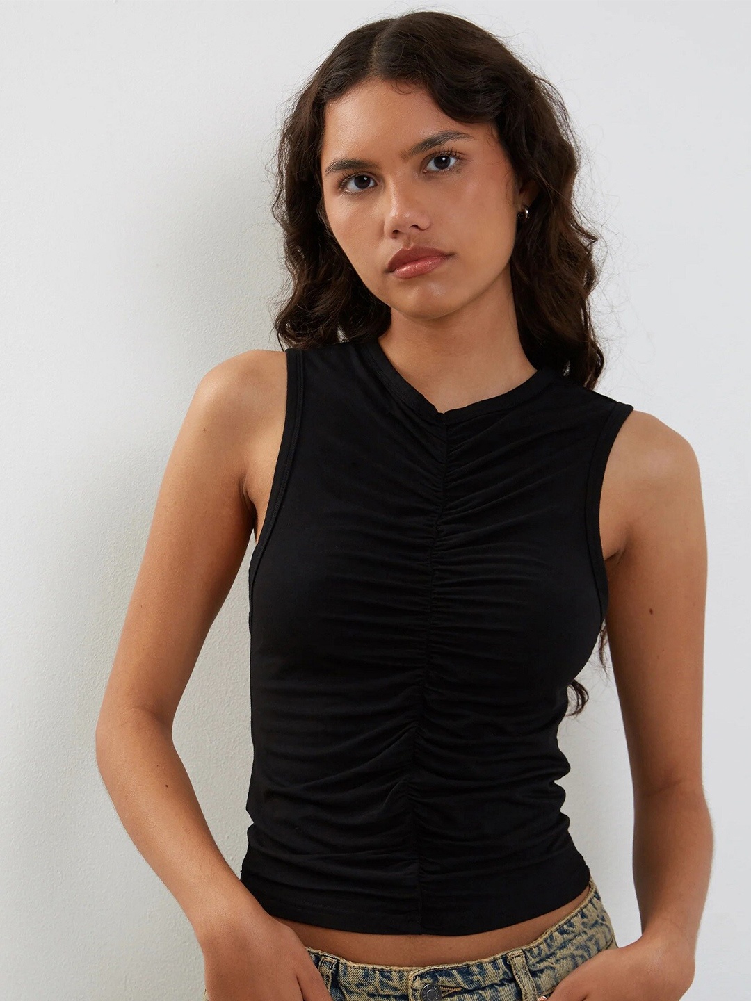 

Dracht Ruched Sleeveless Cotton Top, Black