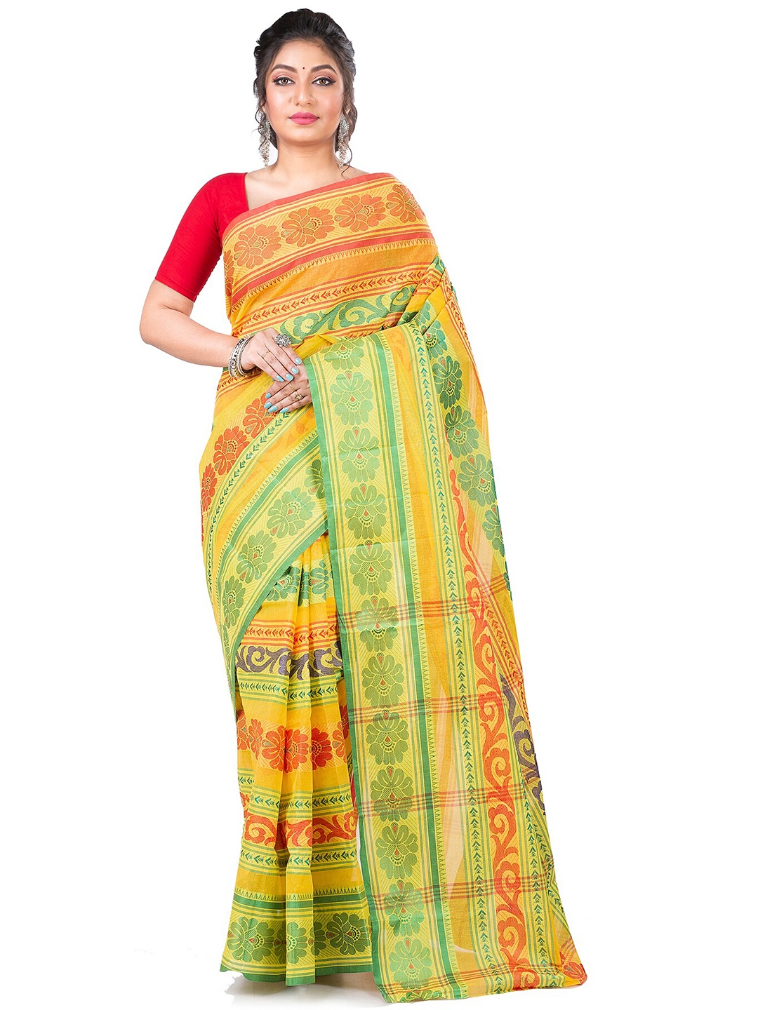 

PuJoy Woven Design Pure Cotton Taant Saree, Yellow