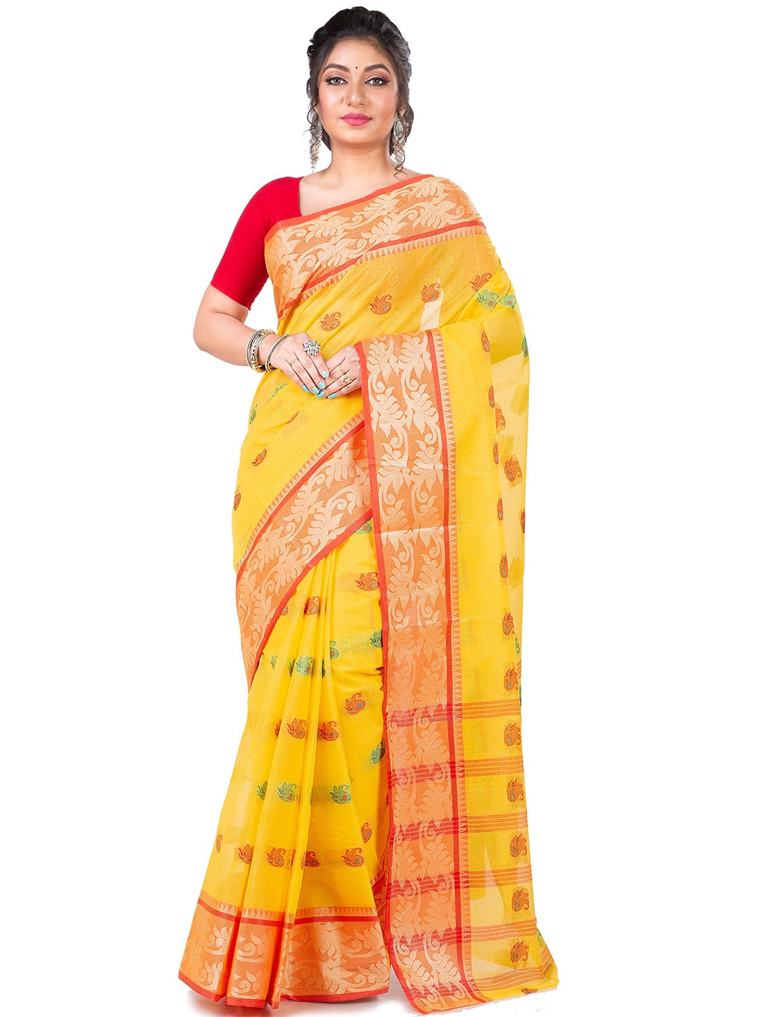 

PuJoy Ethnic Motifs Woven Design Zari Pure Cotton Taant Saree, Yellow