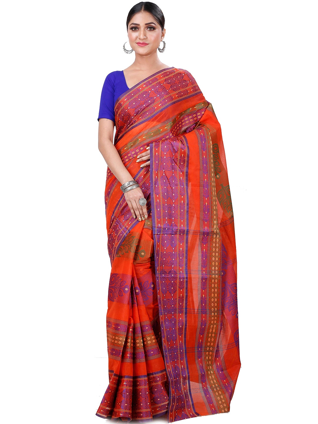 

PuJoy Woven Design Pure Cotton Taant Saree, Orange