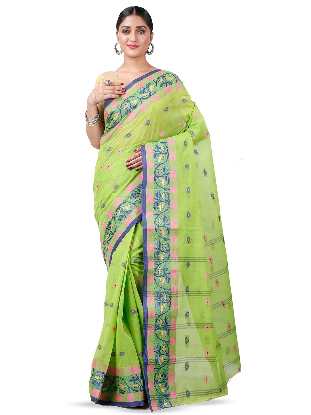 

PuJoy Floral Woven Design Zari Pure Cotton Taant Saree, Lime green