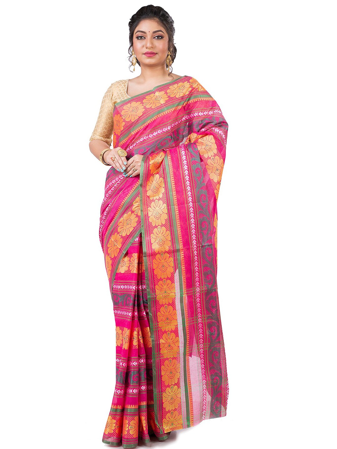 

PuJoy Ethnic Motifs Woven Design Zari Pure Cotton Taant Saree, Pink
