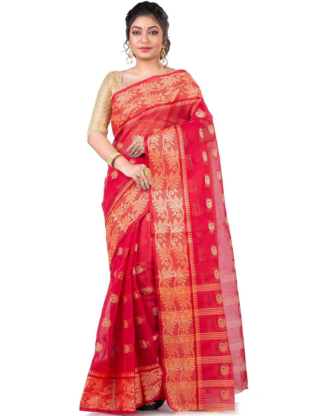 

PuJoy Ethnic Motifs Woven Design Zari Pure Cotton Taant Saree, Red