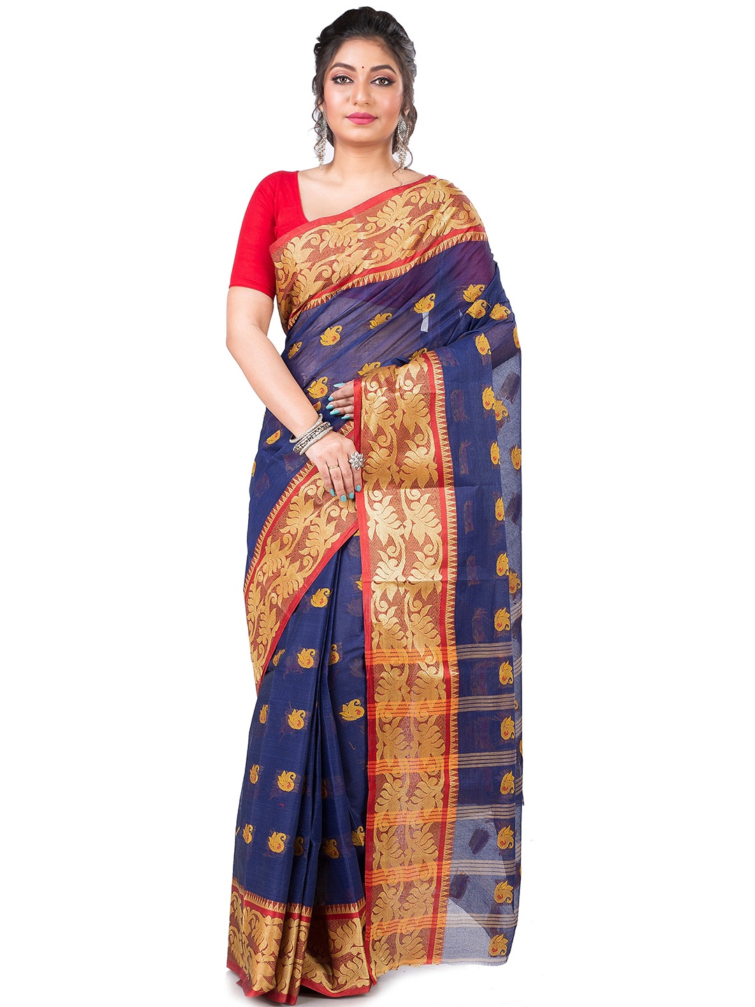 

PuJoy Ethnic Motifs Woven Design Zari Pure Cotton Taant Saree, Navy blue