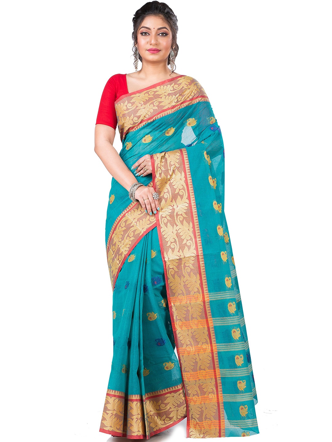 

PuJoy Woven Design Pure Cotton Taant Saree, Green