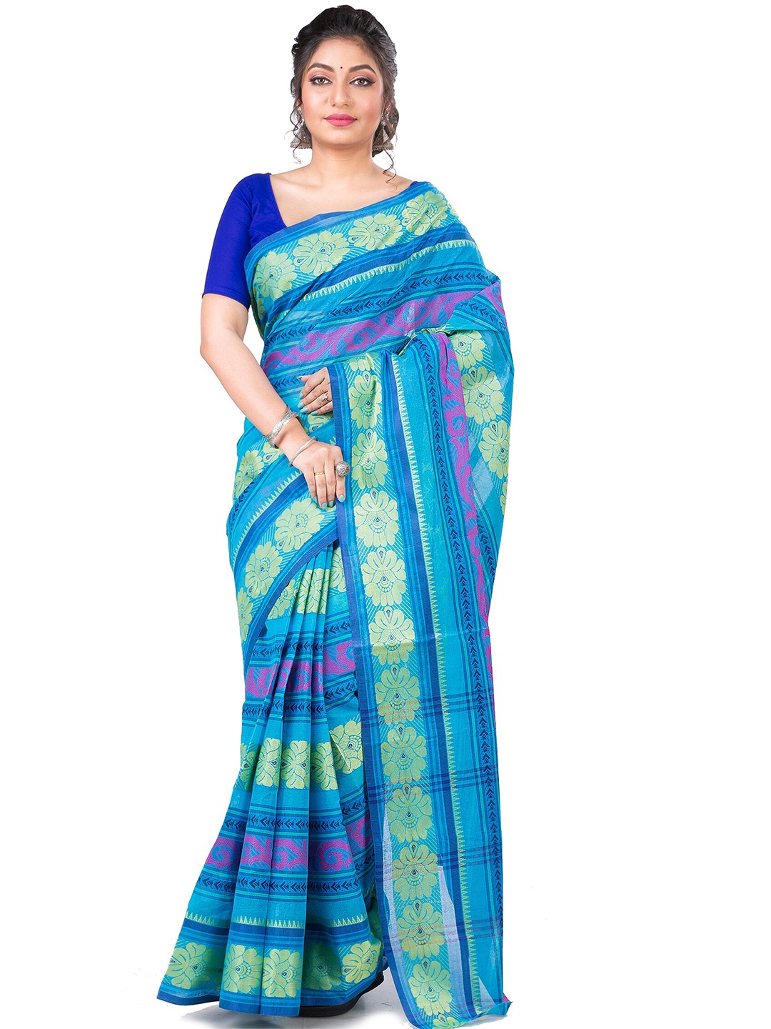 

PuJoy Ethnic Motifs Woven Design Zari Pure Cotton Taant Saree, Blue