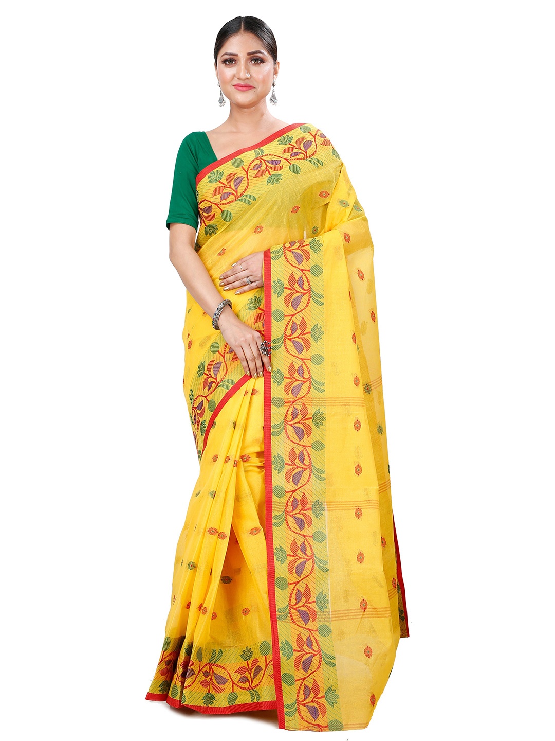 

PuJoy Ethnic Motifs Woven Design Zari Pure Cotton Taant Saree, Yellow