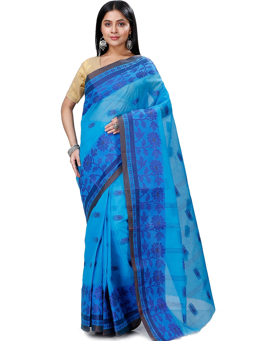 

PuJoy Woven DesignPure Cotton Taant Saree, Blue