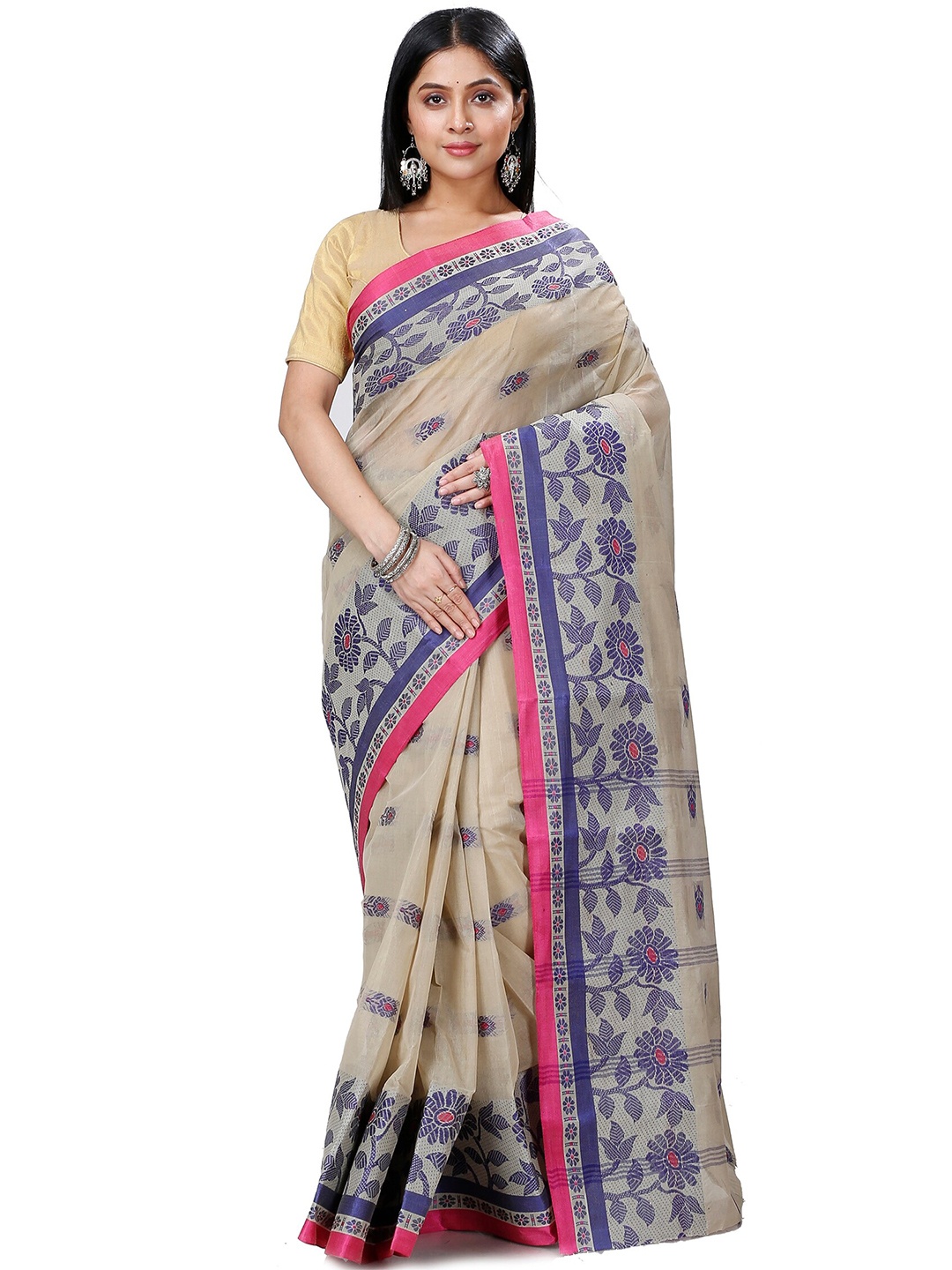 

PuJoy Woven Design Pure Cotton Taant Saree, Off white