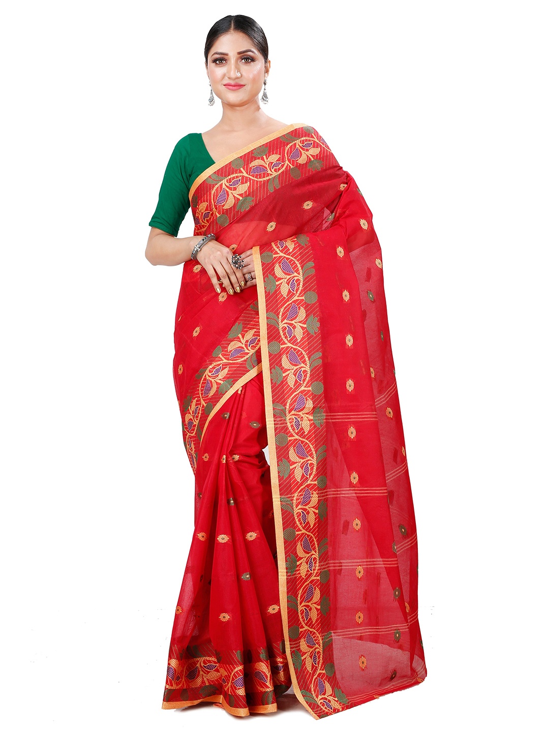 

PuJoy Woven Design Pure Cotton Zari Taant Saree, Red