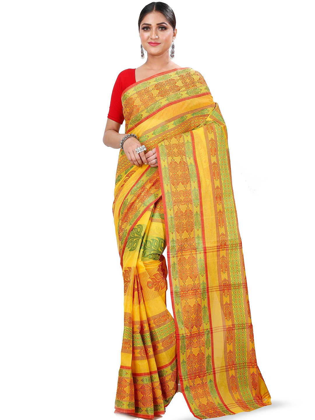 

PuJoy Woven Design Pure Cotton Taant Saree, Yellow