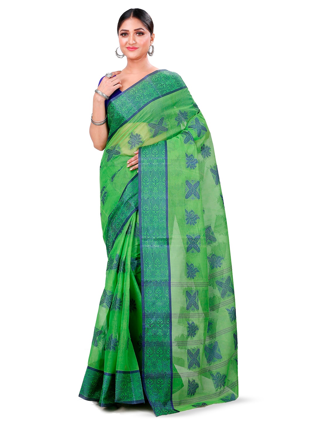 

PuJoy Woven Design Pure Cotton Taant Saree, Green