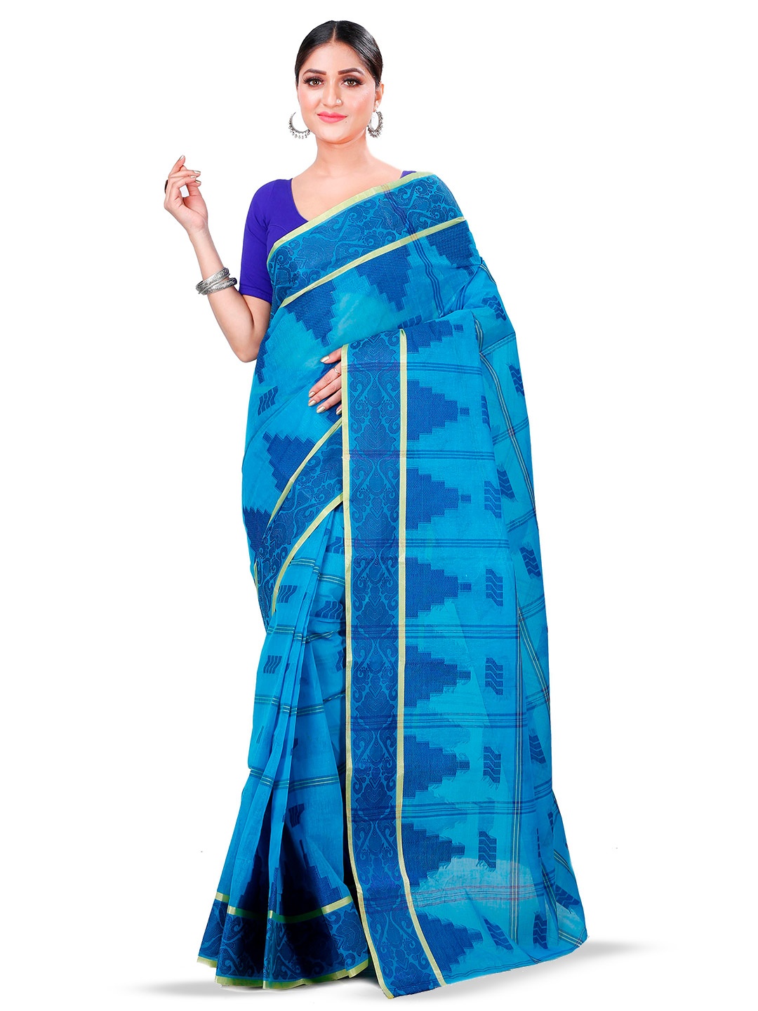 

PuJoy Ethnic Motifs Woven Design Zari Pure Cotton Taant Saree, Blue