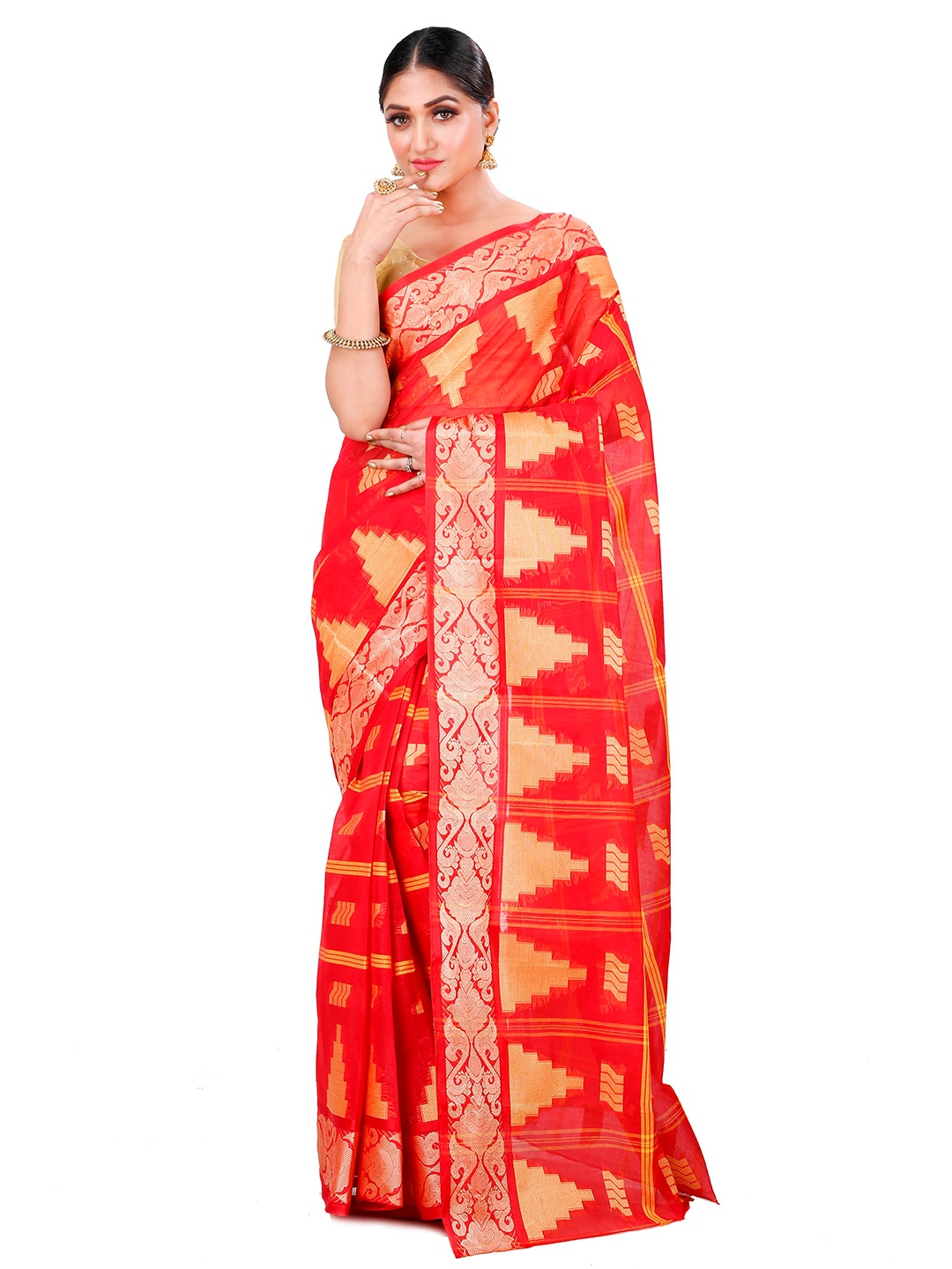 

PuJoy Woven Design Pure Cotton Taant Saree, Red