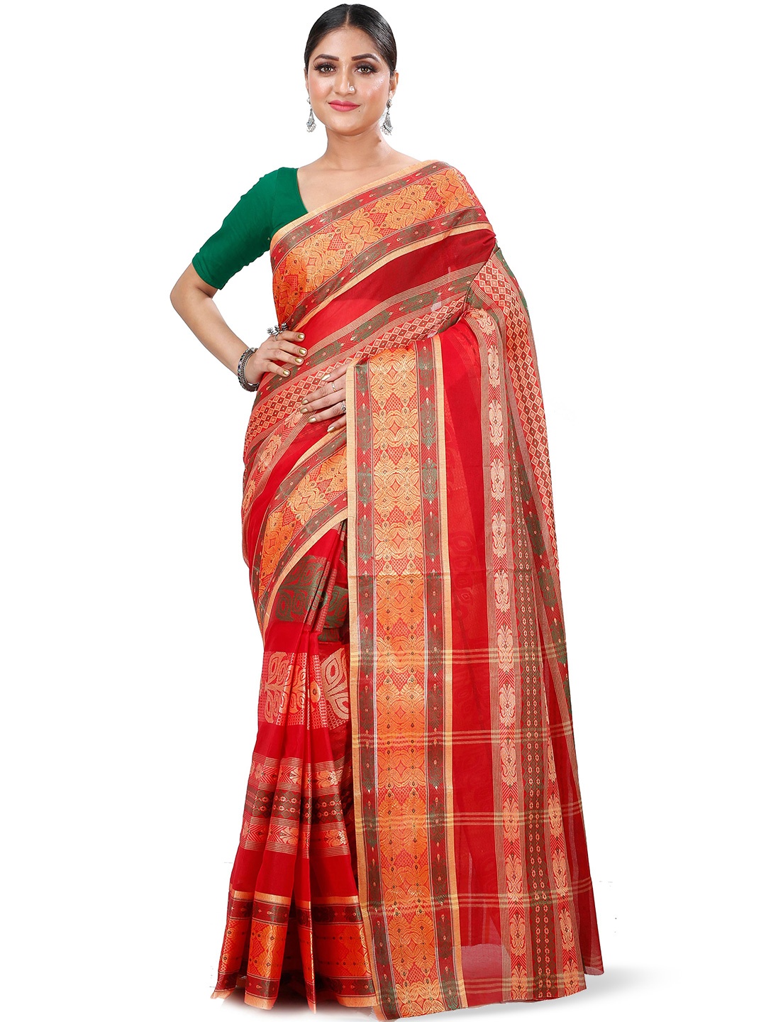 

PuJoy Red Woven Design Pure CottonTaant Saree